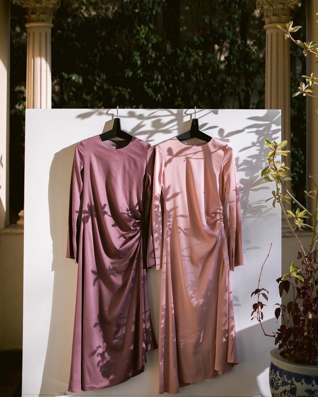 Satin Dress with Side Gathering and Rhinestone Embellishment