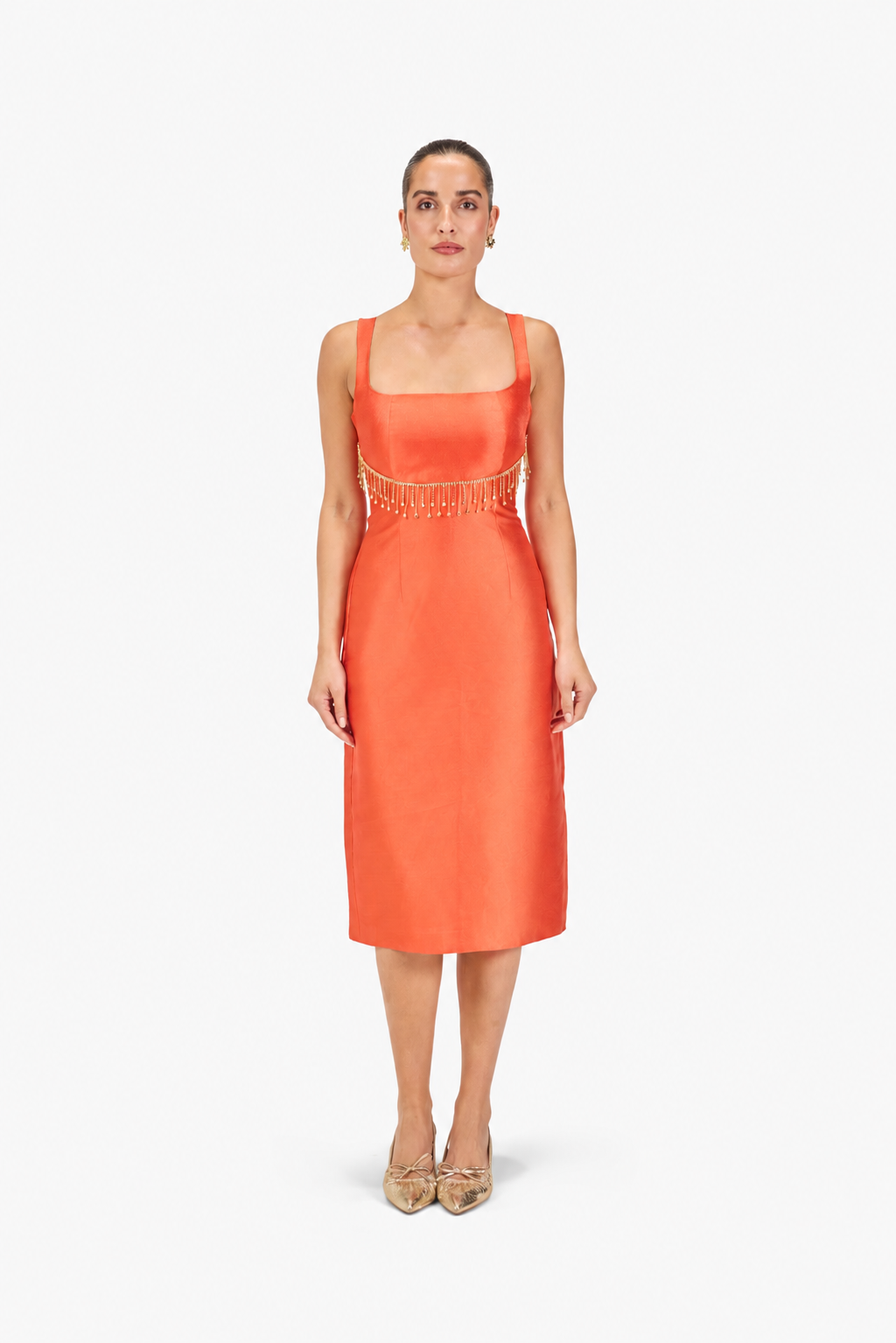 Coral Fringe Midi Dress