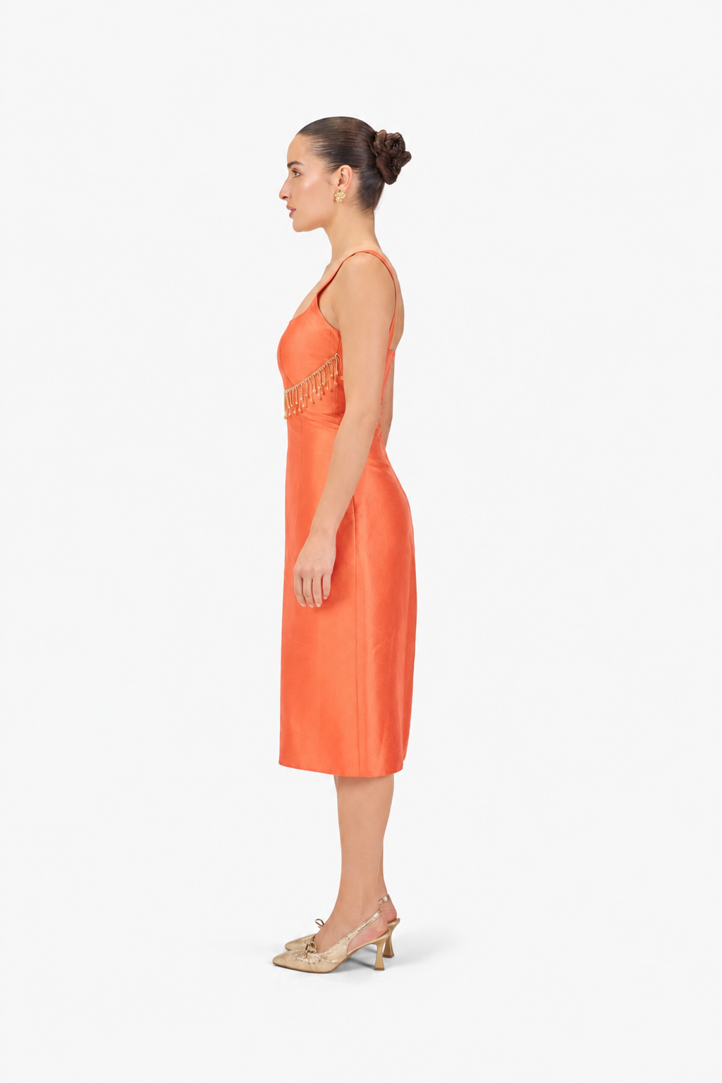 Coral Fringe Midi Dress