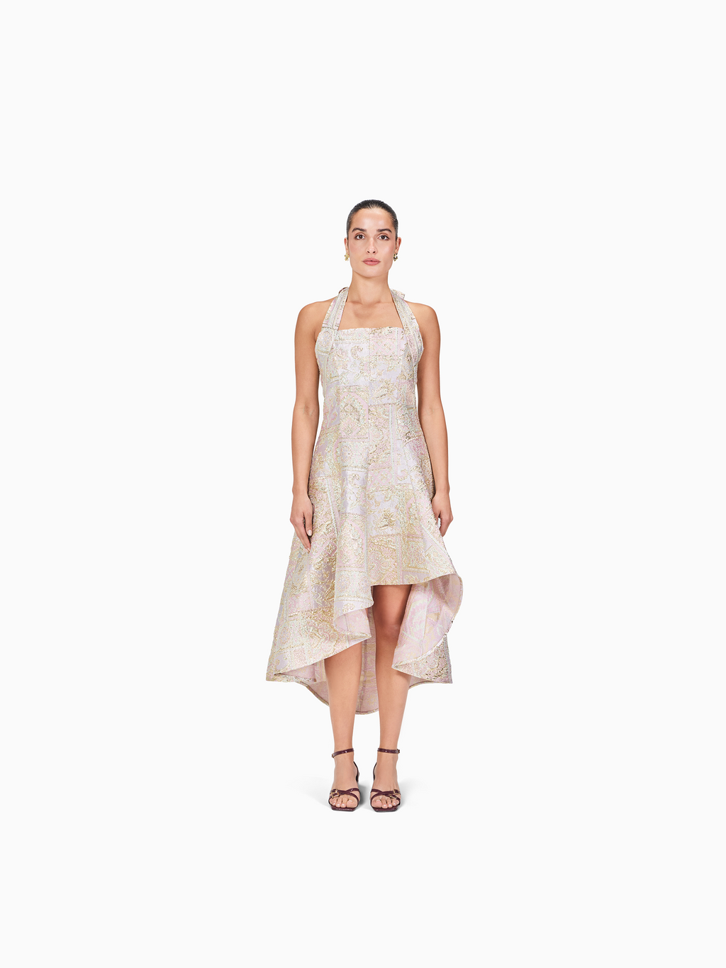 Halter Metallic Brocade Midi Dress