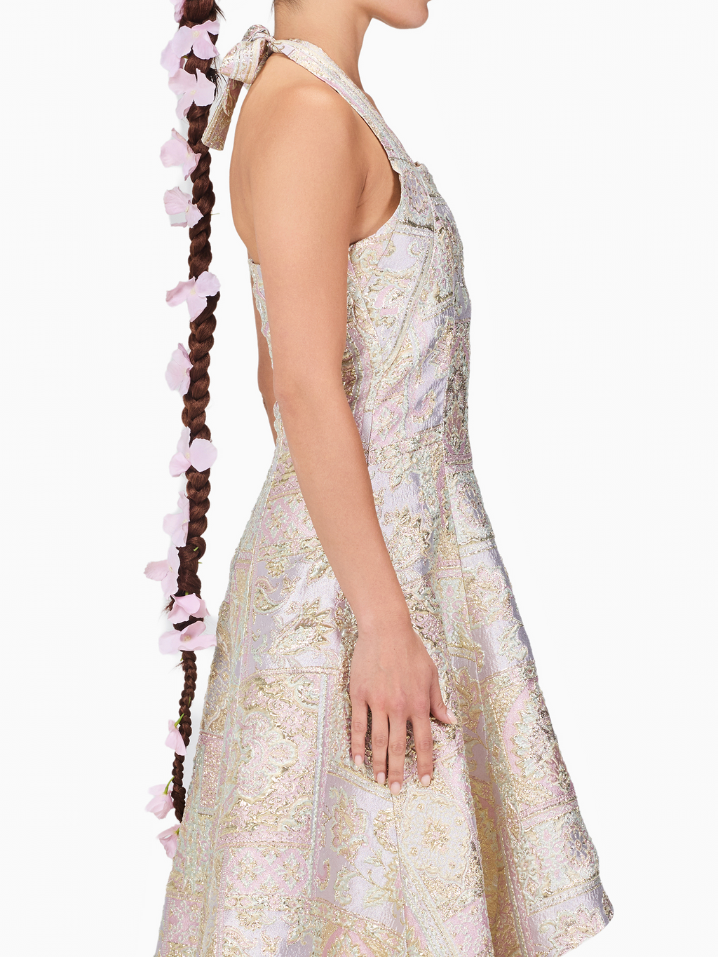 Halter Metallic Brocade Midi Dress