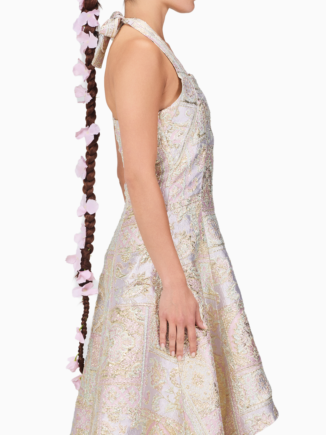 Halter Metallic Brocade Midi Dress