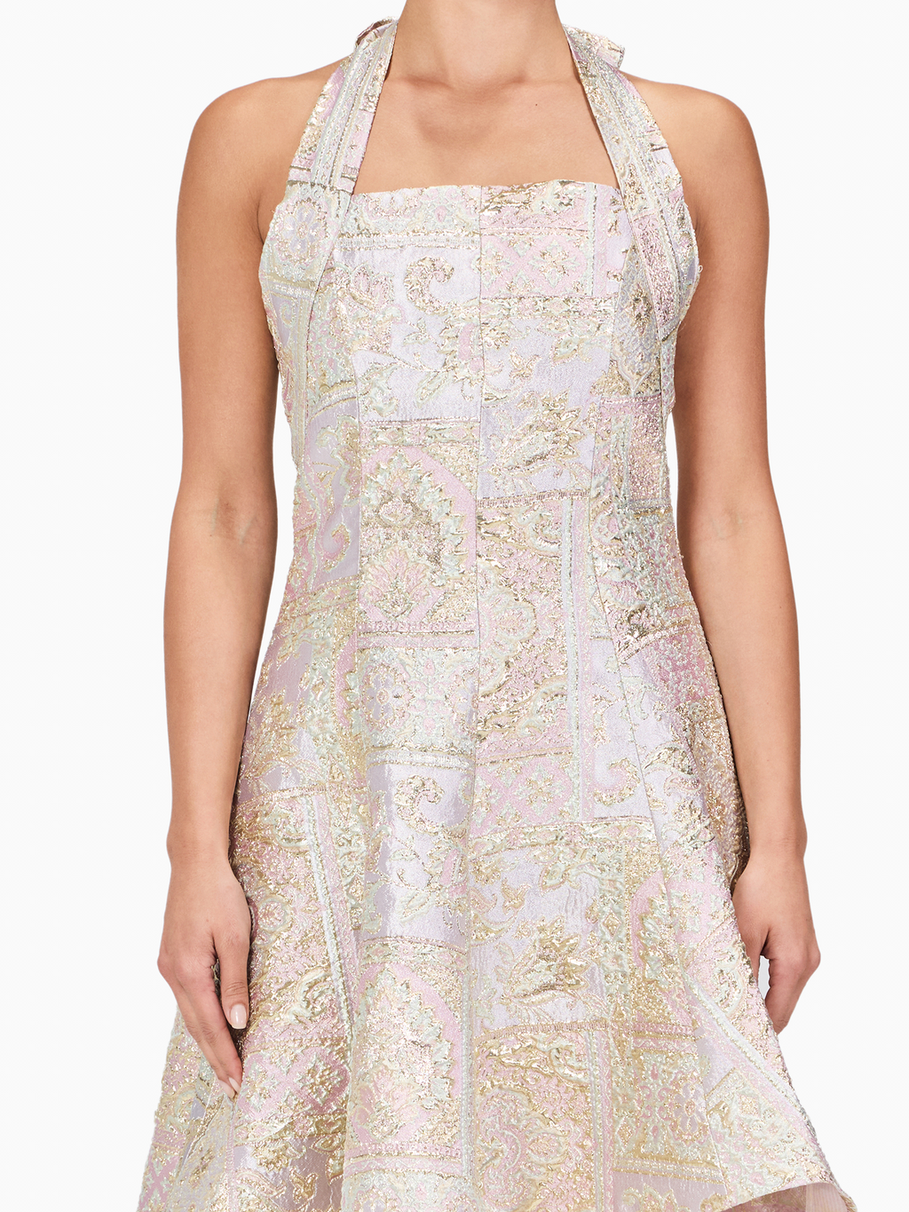 Halter Metallic Brocade Midi Dress