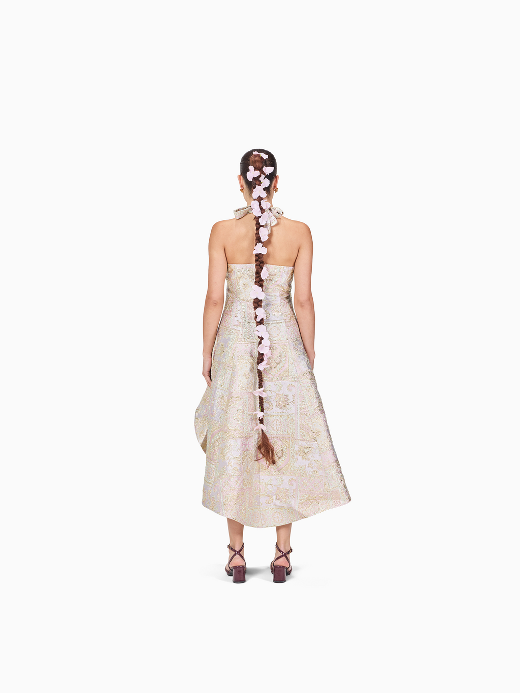 Halter Metallic Brocade Midi Dress