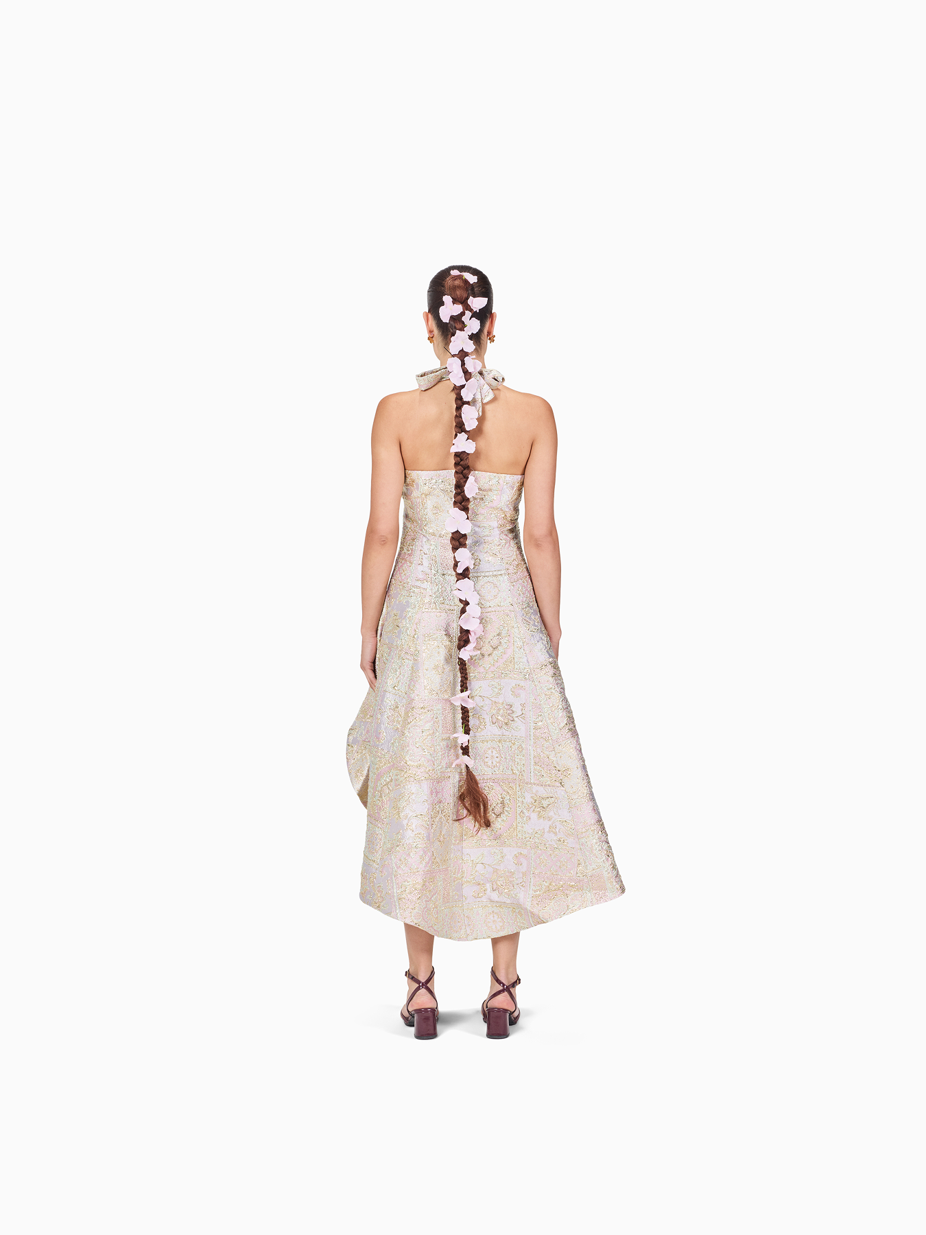 Halter Metallic Brocade Midi Dress