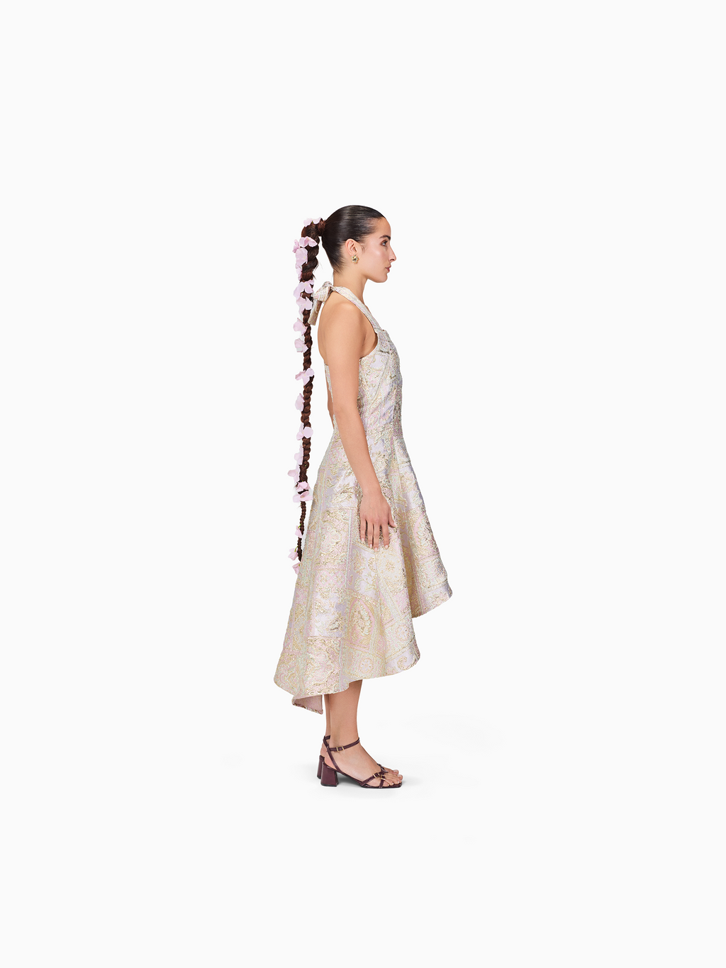 Halter Metallic Brocade Midi Dress