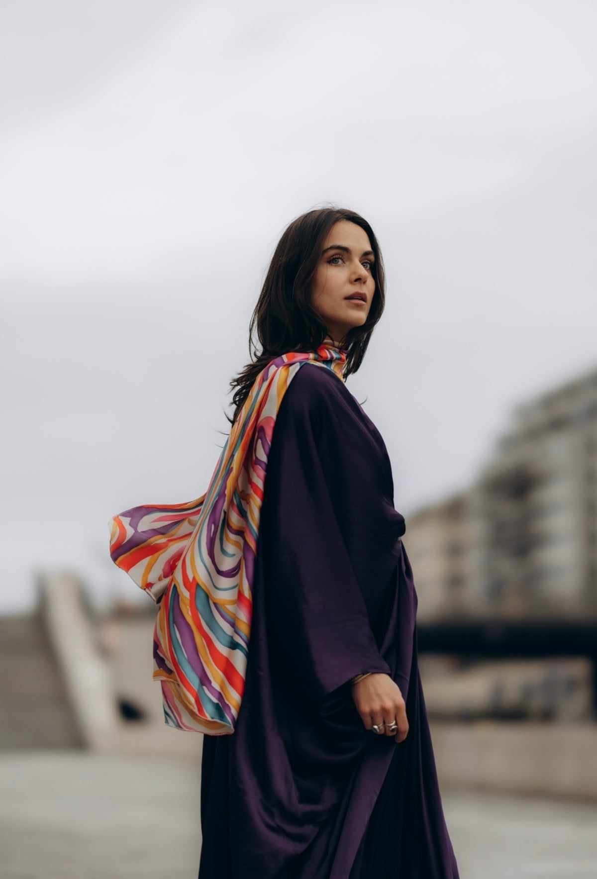 Silk Kaftan with Draped Waist & Multi-Colored Scarf