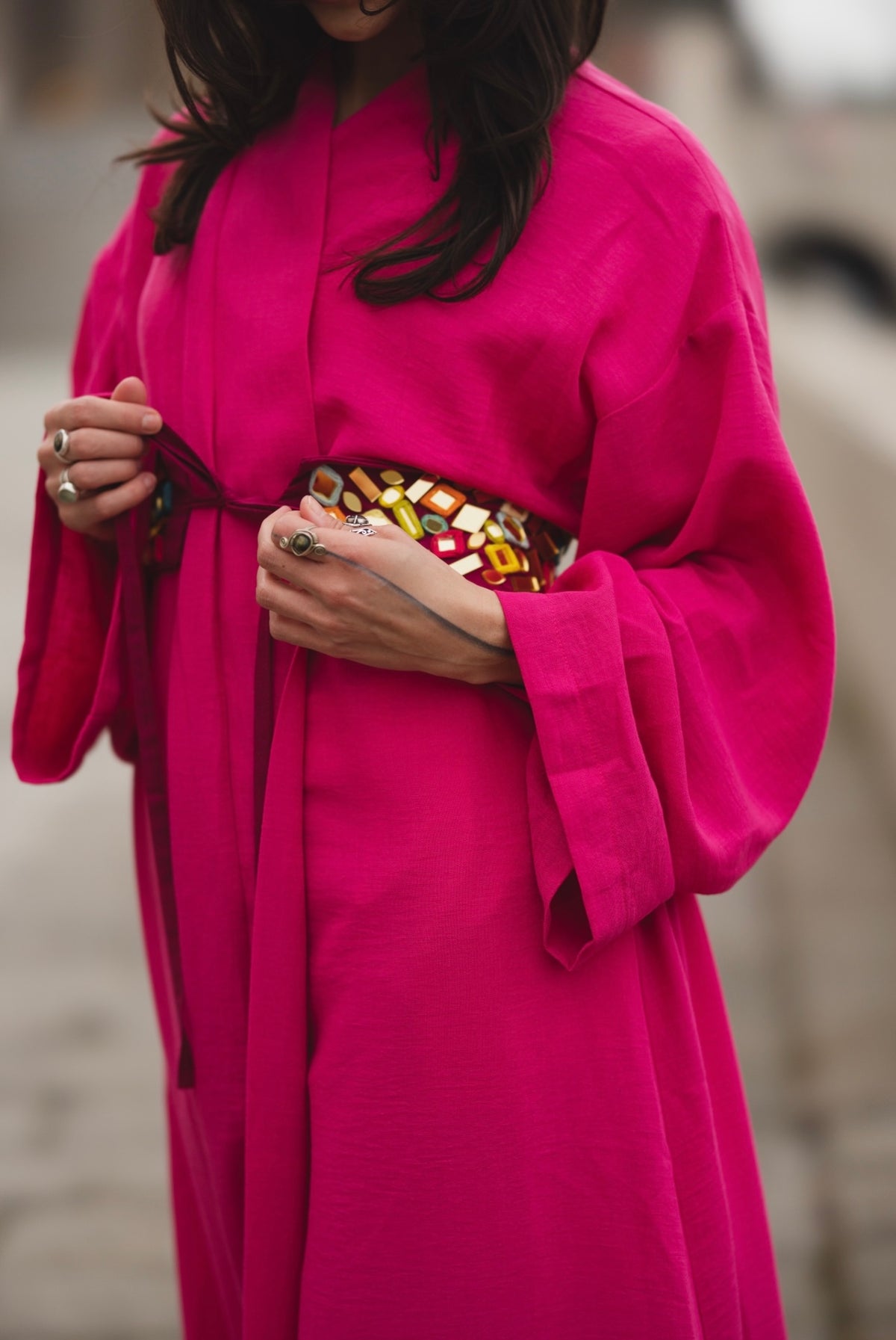 Maxi Linen Kaftan with Hand-Embellished Belt