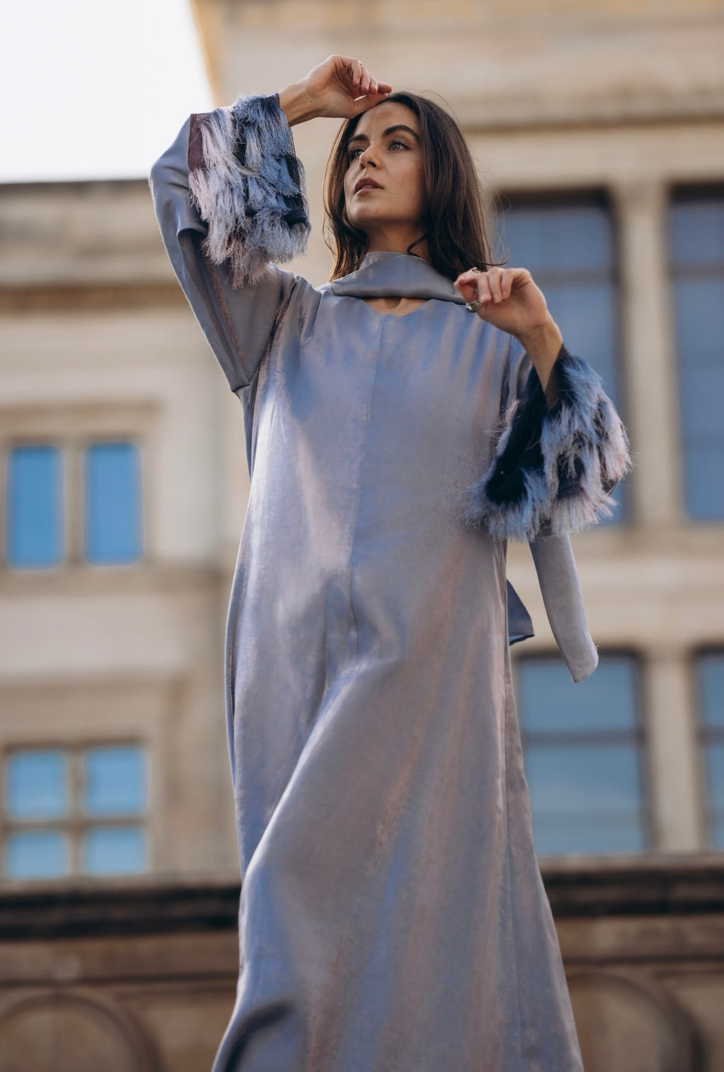 Maxi Kaftan with Feather Detailing & Matching Neck Scarf