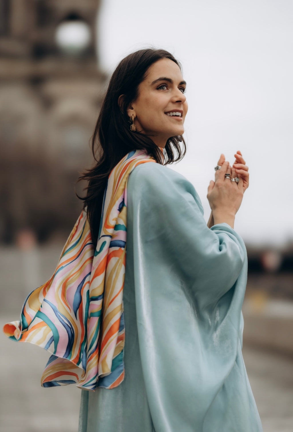 Silk Kaftan with Draped Waist & Multi-Colored Scarf