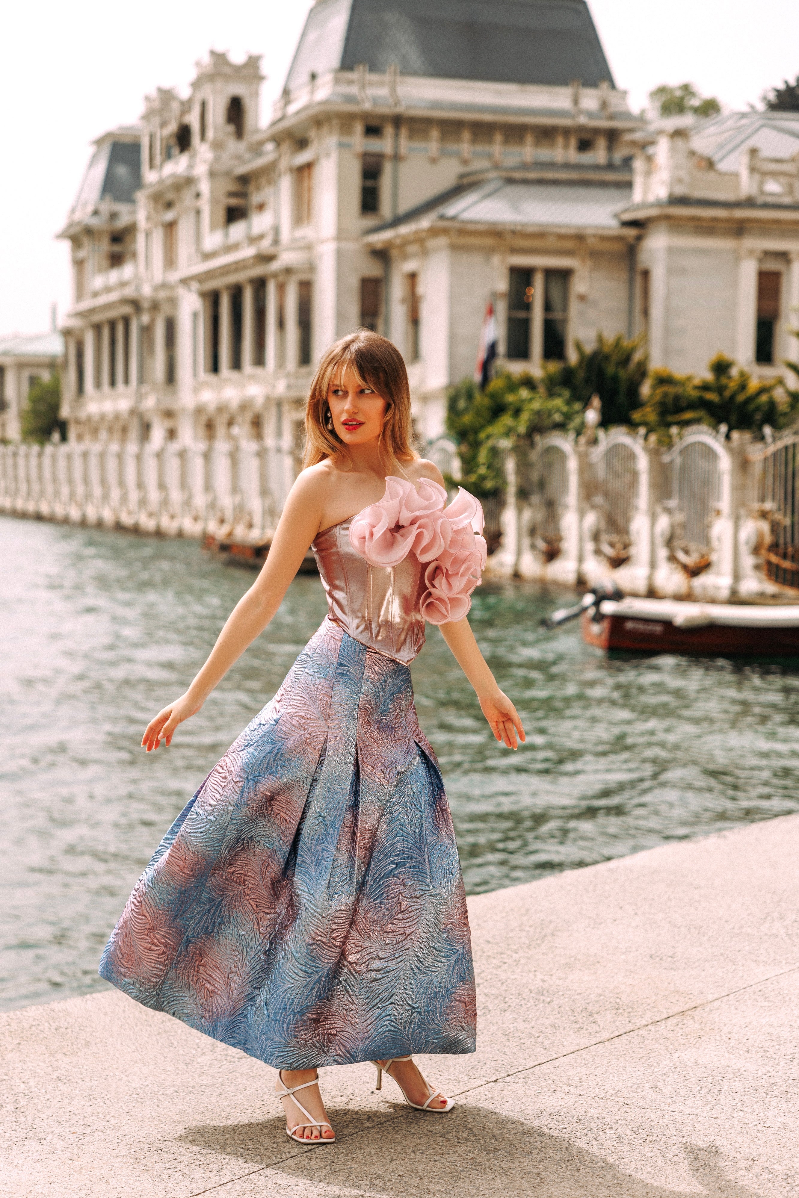 Brocade Panel Skirt with Drop Waist