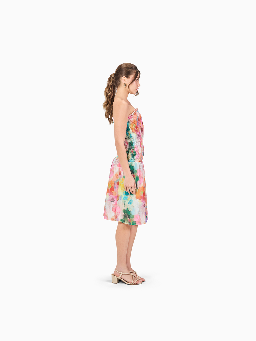 Midi Linen Drop Waist Dress in Floral Print